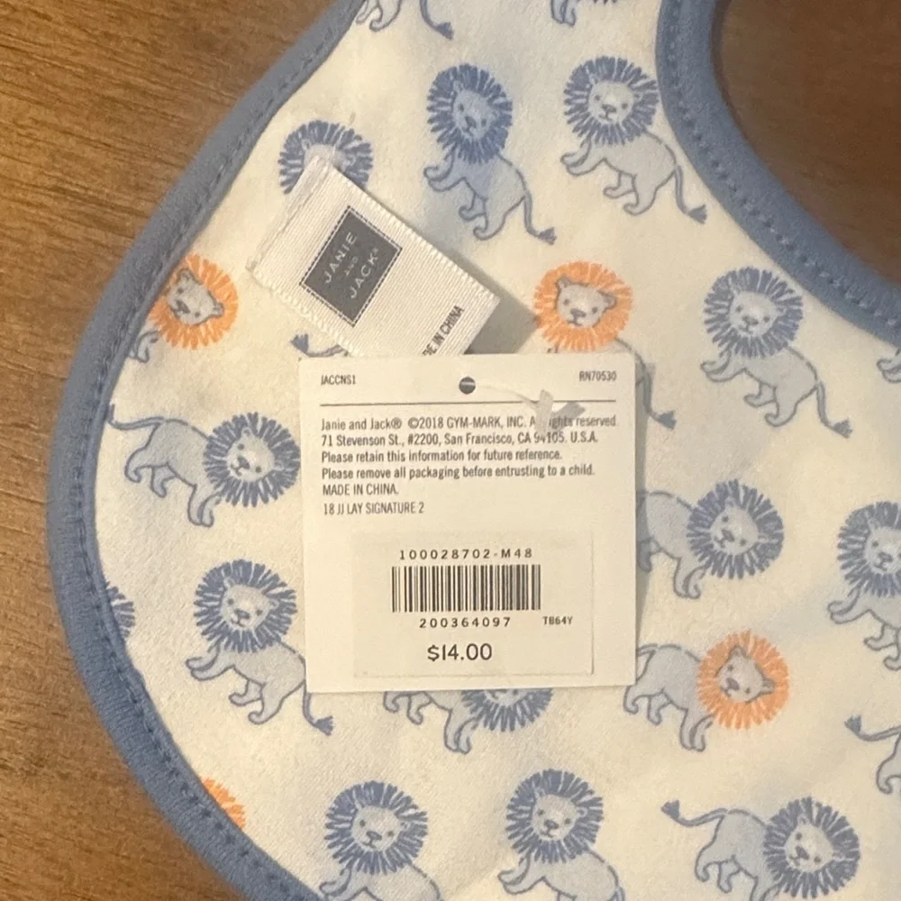 Janie and Jack White Bib with Blue Trim and Embroidered Lion Accent